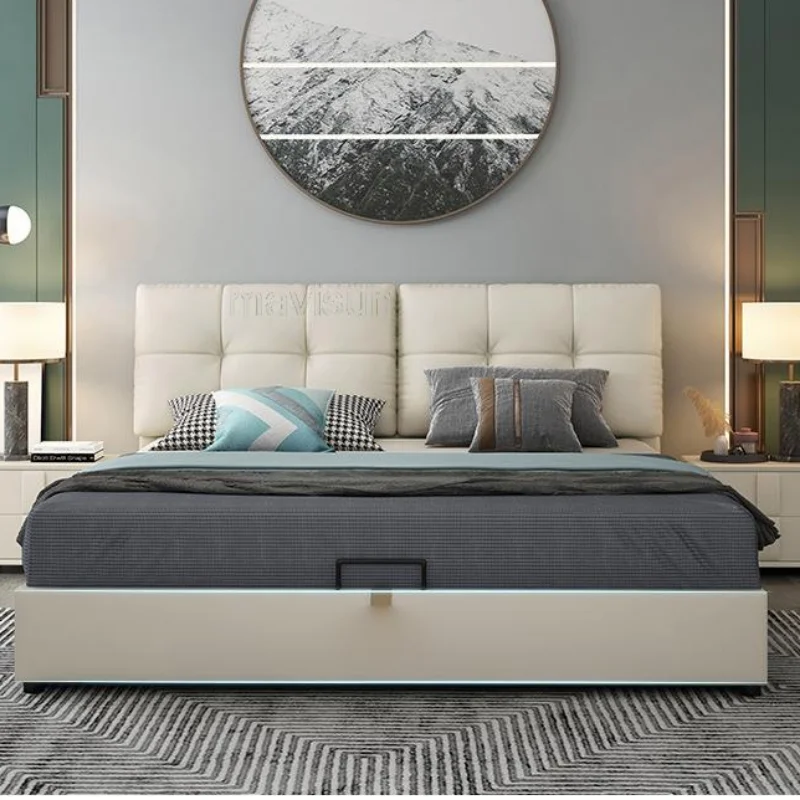 Minimālisma Dizains, Ādas Gulta Modernā Guļamistabā 1,5 Metrus Mīkstās Uzglabāšanas Divguļamā Gulta, Mēbeles, Mājas Viesnīca
