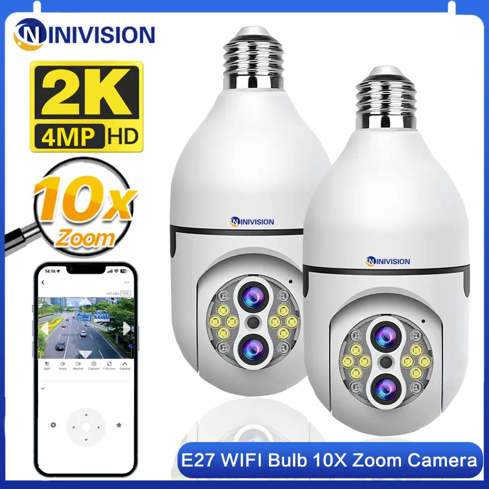 4MP Dual Objektīvs E27 WIFI Spuldzes Kameras Telpās 10X Optisko Tālummaiņu CCTV Auto Izsekošana Drošības Uzraudzības Smart Home 360°PTZ IP Kameras