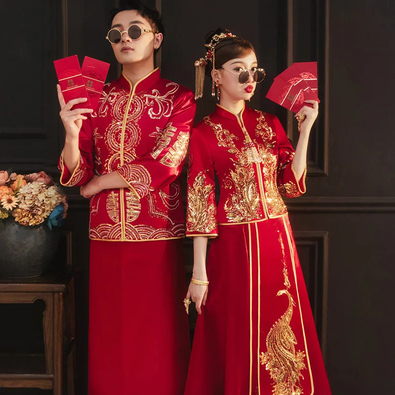 2022 Retro Ķīniešu Stilā Pāris Red Pāvs Vizuļi Izšuvumi Cheongsam Grauzdiņš Apģērbs Kāzu Kleita