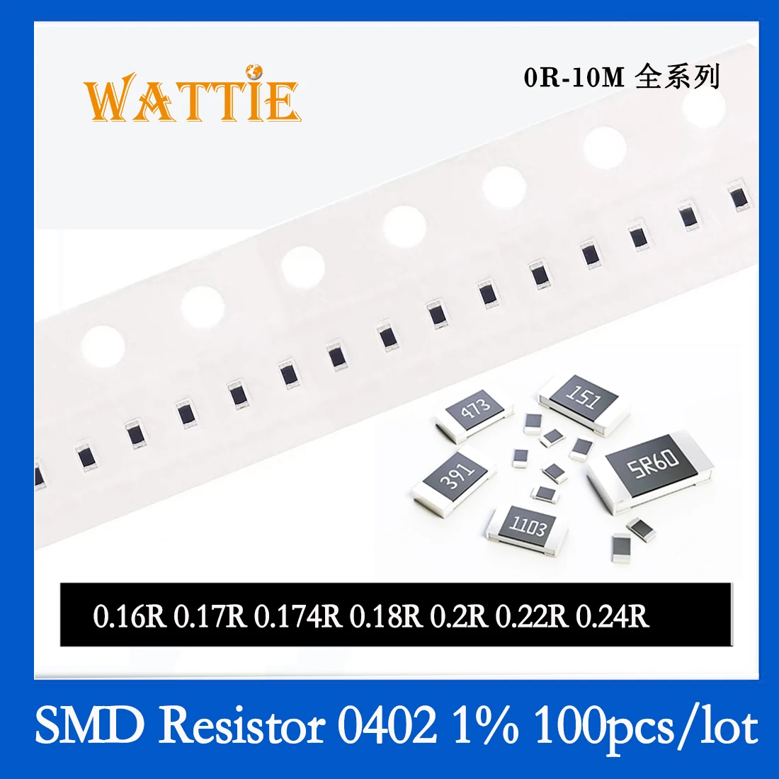 SMD Rezistors 0402 1% 0.16 R 0.17 R 0.174 R 0.18 R 0.2 R 0.22 R 0.24 R 100GAB/daudz chip rezistori 1/16W 1.0 mm*0.5 mm Zemas pretestības vērtība