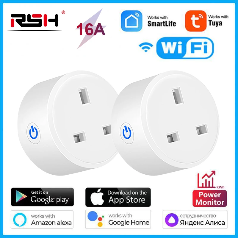 Tuya Smart Wifi UK Plug 16A Bezvadu Kontroles Kontaktligzdu ar Enerģijas Monitering Taimera Funkcija Darbojas ar Alexa, Google Home