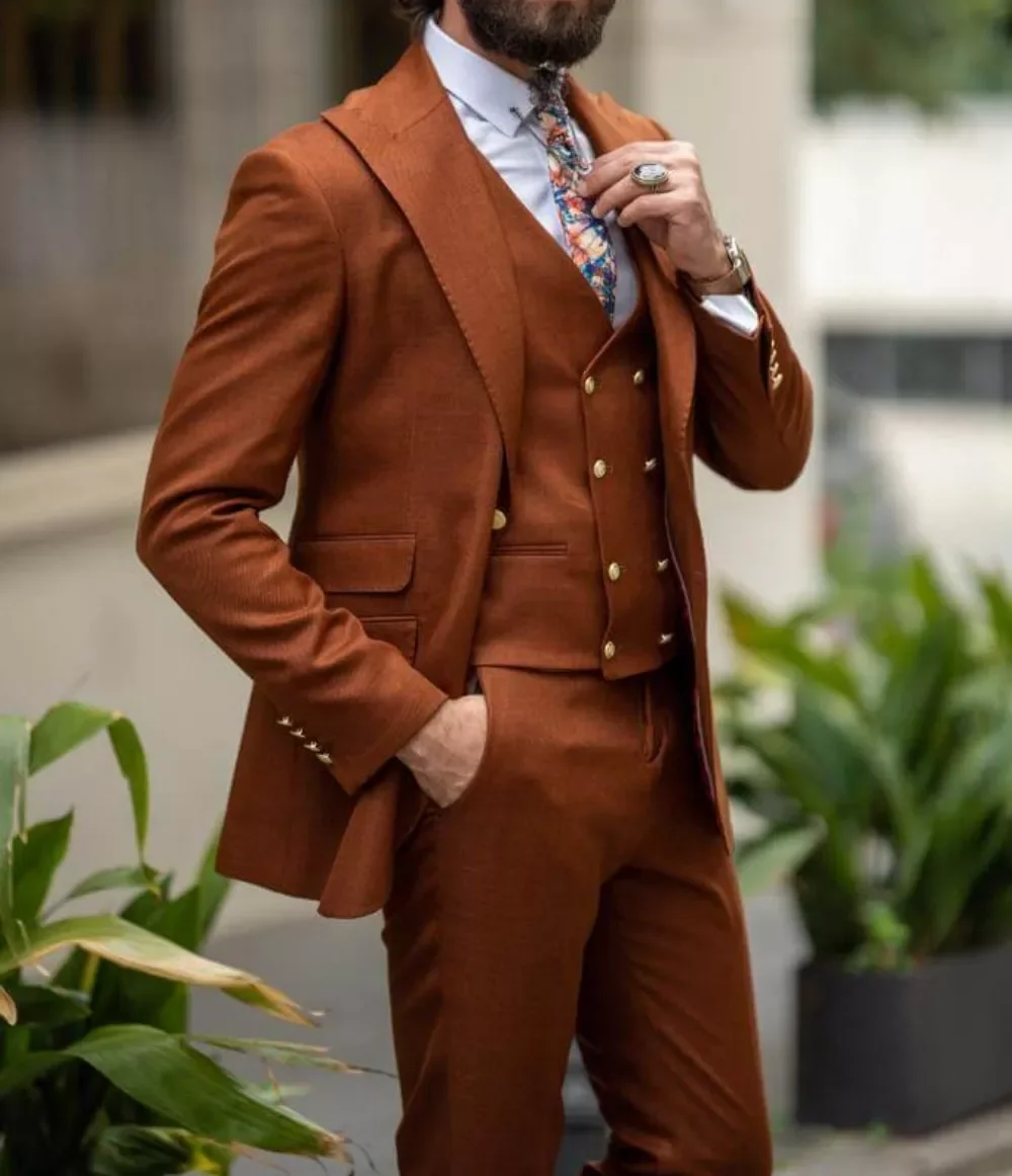 Brūna Modes Oficiālu Vīriešu Uzvalki Kāzu svinības, Pasūtījuma izgatavotu Žakete Komplekti Līgavainis 3-Gabals Jaka+Bikses+Veste Kostīmu Homme