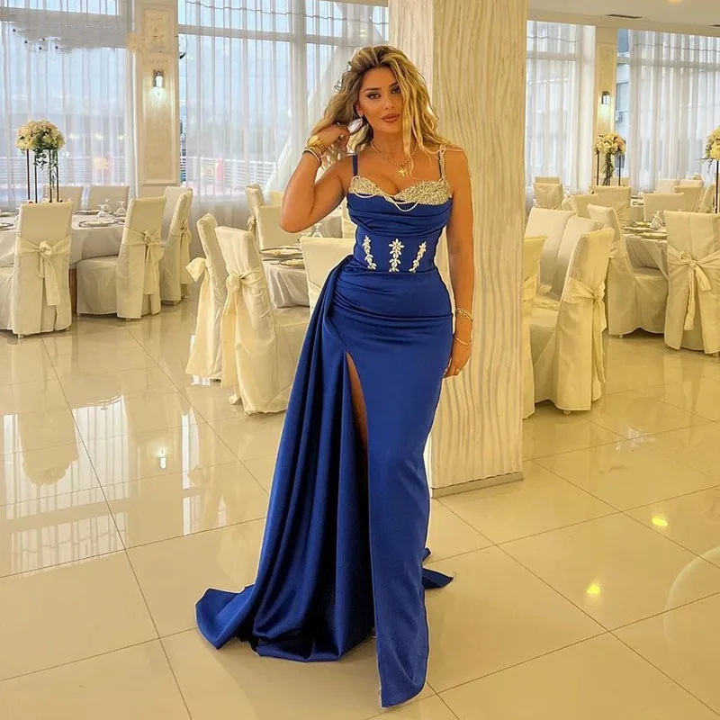 Sirēna Royal Blue Satīna Vakarkleita Sequin Arābija Oficiālās Balles Kleitas Ielocēm Spraugas Sievietes Puses Kleita