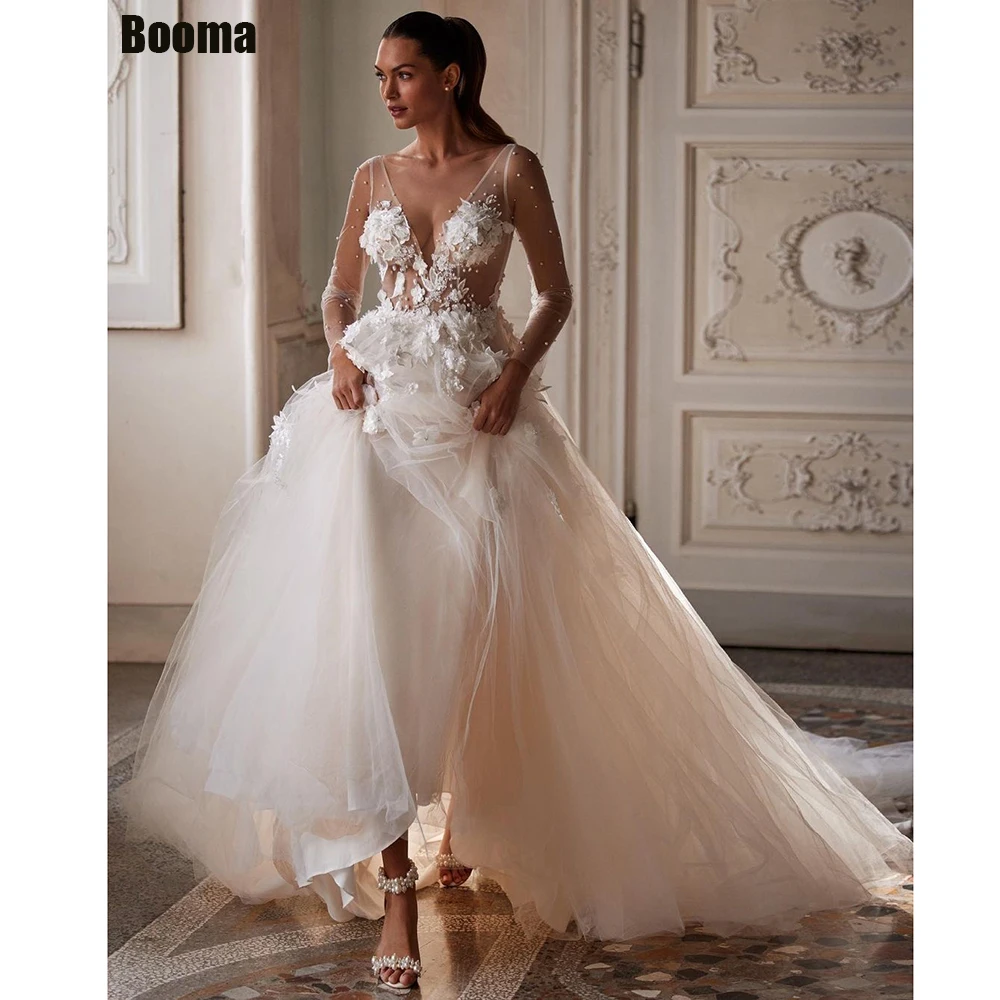 Booma Pasaku Kāzu Kleitas Līnijas Mežģīņu Piedurknēm Appliques Līgava Kleita Princese V-Veida Kakla Eleganti Tilla Ilgi, Kāzu Tērpu