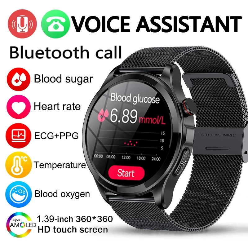 Bluetooth Zvanu Vīriešu smartwatch Cukura līmeni Asinīs, EKG+PPG Automātiska Infrasarkanās Asins Skābekļa Sirdsdarbības Ātrums, asinsspiediens Veselības Smart Skatīties