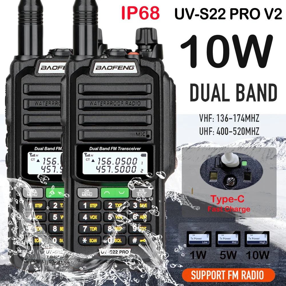 2GAB Baofeng UV S22 PRO V2 IP68 Ūdensnecaurlaidīga Walkie Talkie 10W divvirzienu Radio UHF, VHF Šķiņķis CB Radio Modernizētas UV9R PRO Long Diapazons
