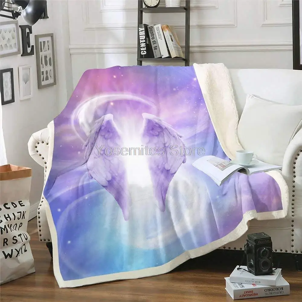 Pils Pasaku Purpura Debesīm Baltā Eņģeļa Spārnus Modelis Flaneļa Segu Dīvāns Dīvāna, Krēsla, Gultā Silti Gaismas Sherpa Mest Mīksto Microfibe