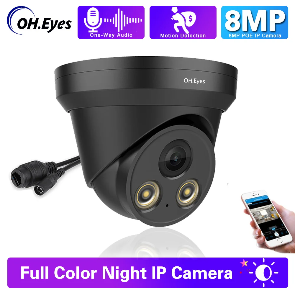 Jaunu HD (4K 8MP Krāsains POE IP Cam, Metāla Kupola Drošības Kameru, Pilna Krāsu Nakts Redzamības 50m Mic/Audio, Video Novērošanas IP67 H. 265