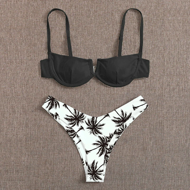 Vasaras Drukāšana V-formas Bikini Komplekts Sievietēm 2023 Sexy tīrtoņa Krāsu Push Up Polsterēta Dāmas Sexy Sadalīt Peldkostīmu peldkostīms