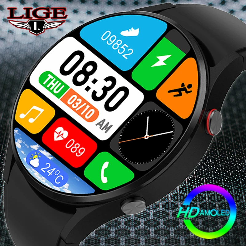 LIGE AMOLED Smart Pulksteņi Bluetooth Zvanu HD Pilna skārienekrāna IP68 Ūdensnecaurlaidīga Ķermeņa Temperatūra Pielāgošanas Skalu, Sporta Vīrieši Smartwatch