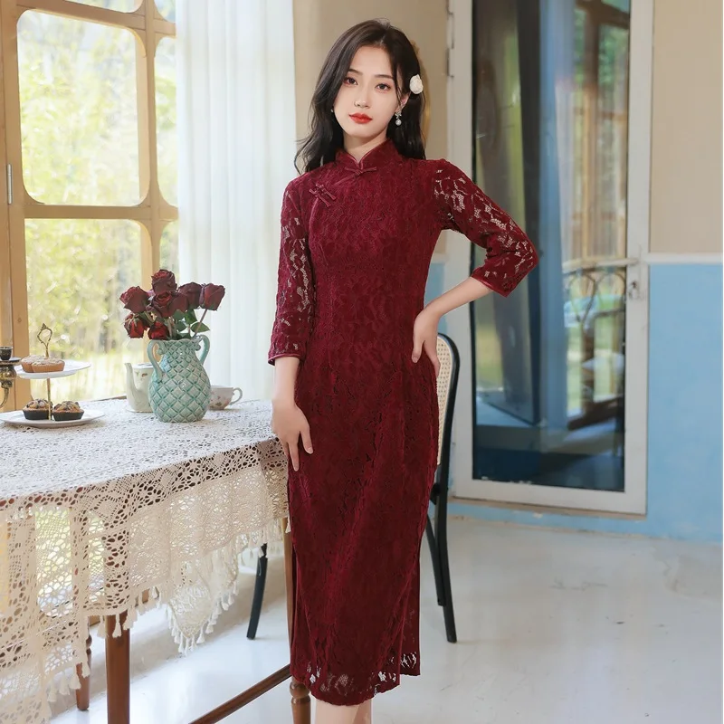 Bordo Izšuvumi Septiņus Punktus Mežģīņu Piedurknēm Ķīniešu Sievietes Qipao Elegants Mandarīnu Apkakles Šifona Līgava Kāzu Cheongsam