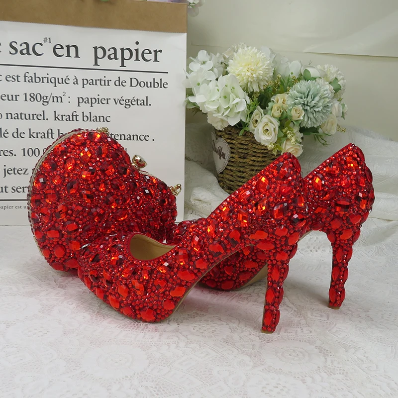 BaoYaFang Red rhinestone Sieviešu kāzu kurpes ar atbilstošas somas Līgava sieviete kurpes un maku Platformas kurpes sieviešu Sūkņi