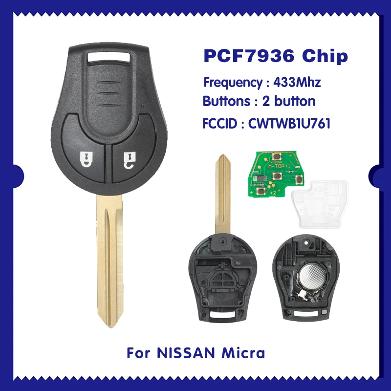 Priekš NISSAN Micra atslēga, galvas remote 2buttons CWTWB1U761 čips PCF7936 CN027020